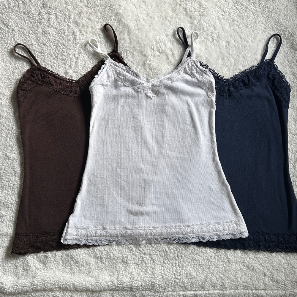 Set of 3 Hollister Lace Trim Camisoles - White, Brown, Navy
